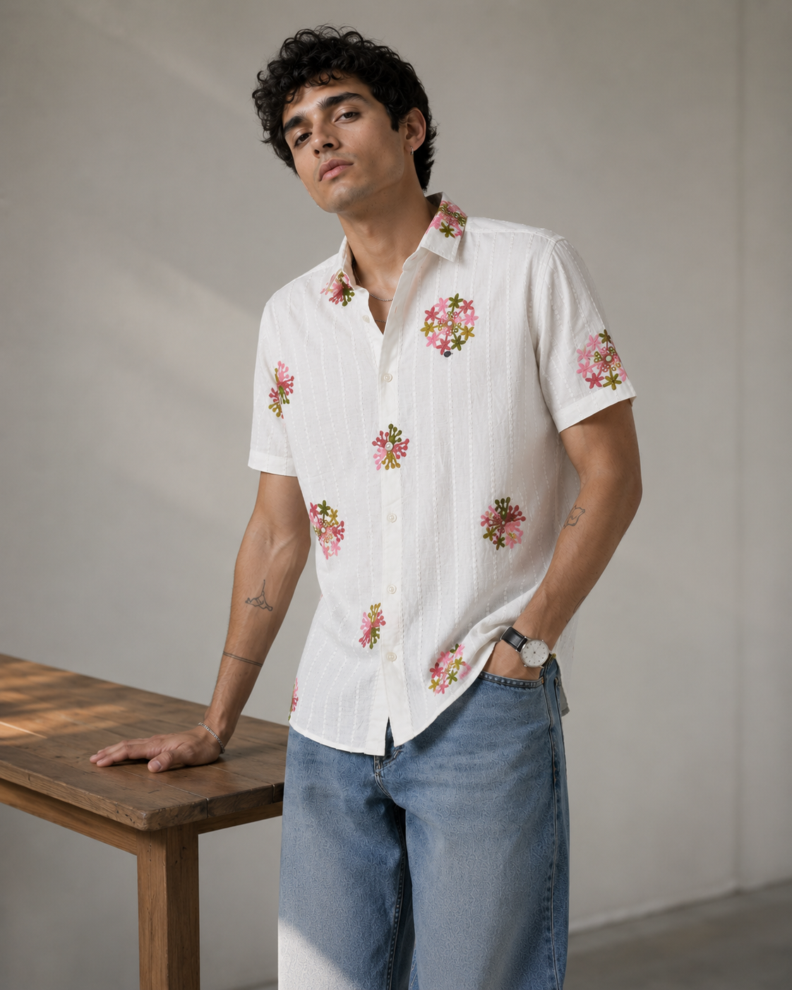 Blossom Embroidered Texture Cotton Shirt