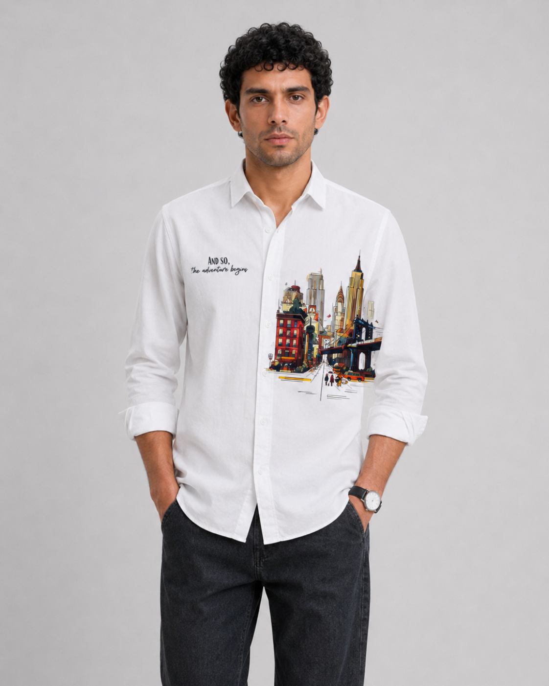 Cityscape Travel Print Cotton Shirt