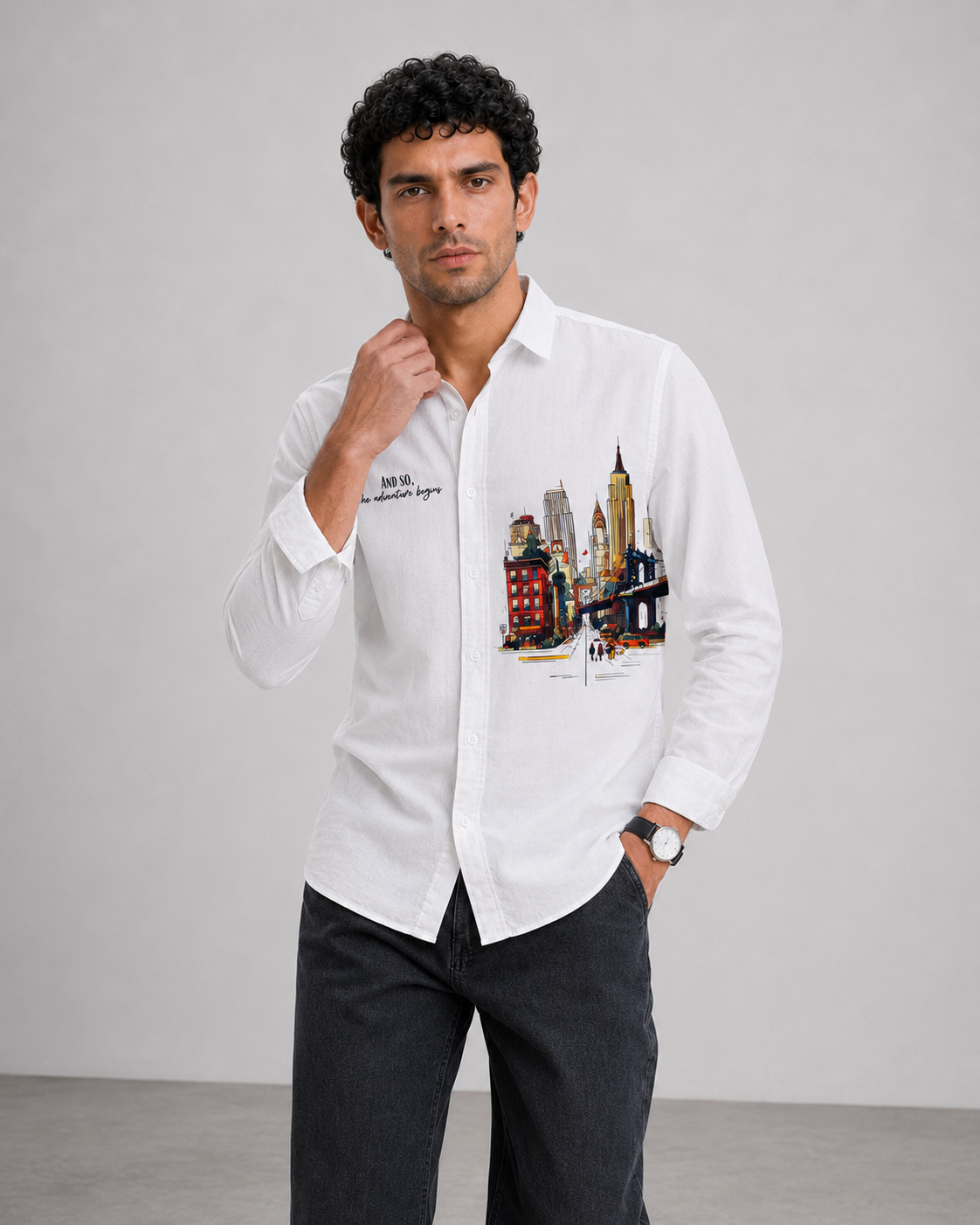 Cityscape Travel Print Cotton Shirt