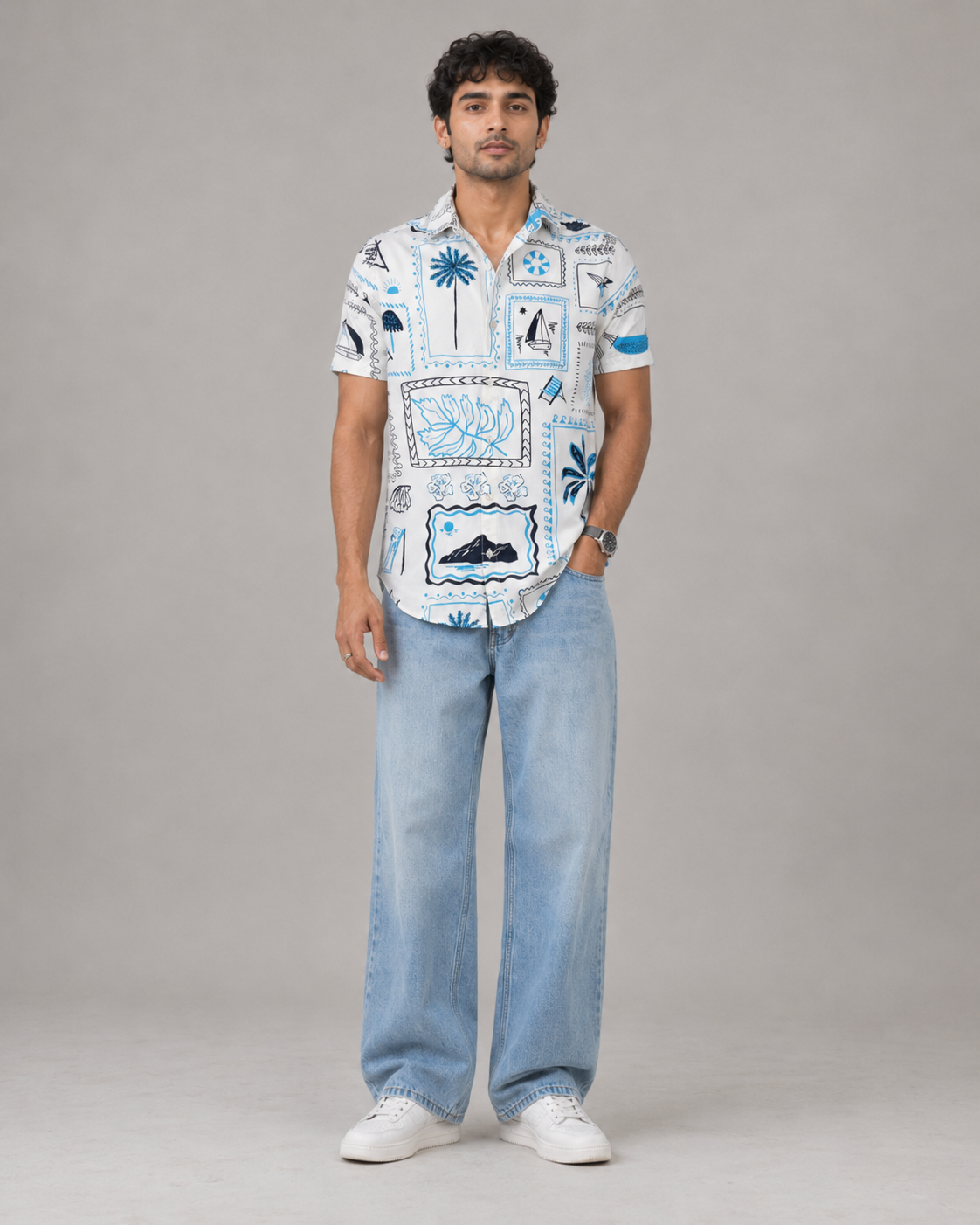 Coastal Postcard Cotton Shirt – Blue