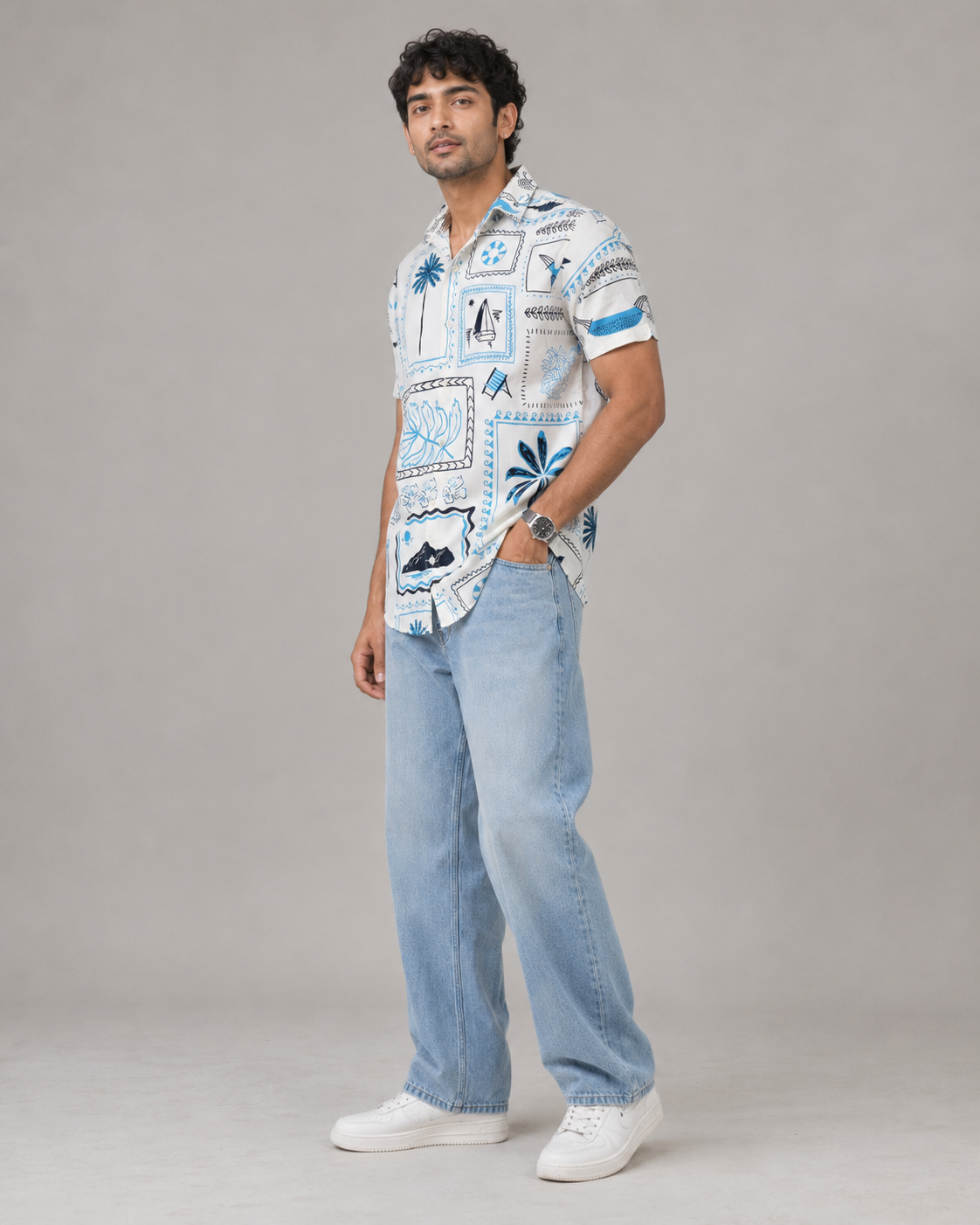 Coastal Postcard Cotton Shirt – Blue