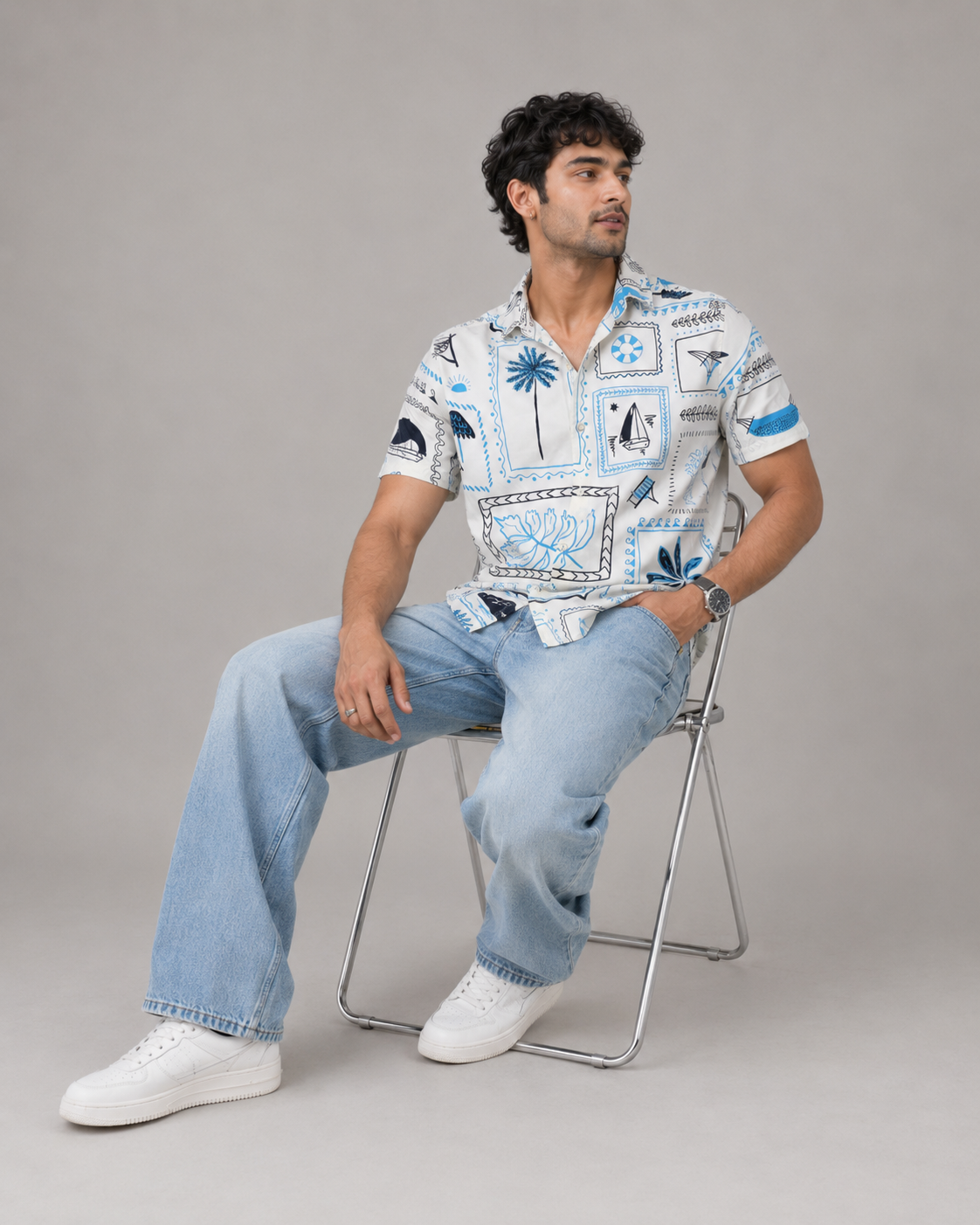 Coastal Postcard Cotton Shirt – Blue