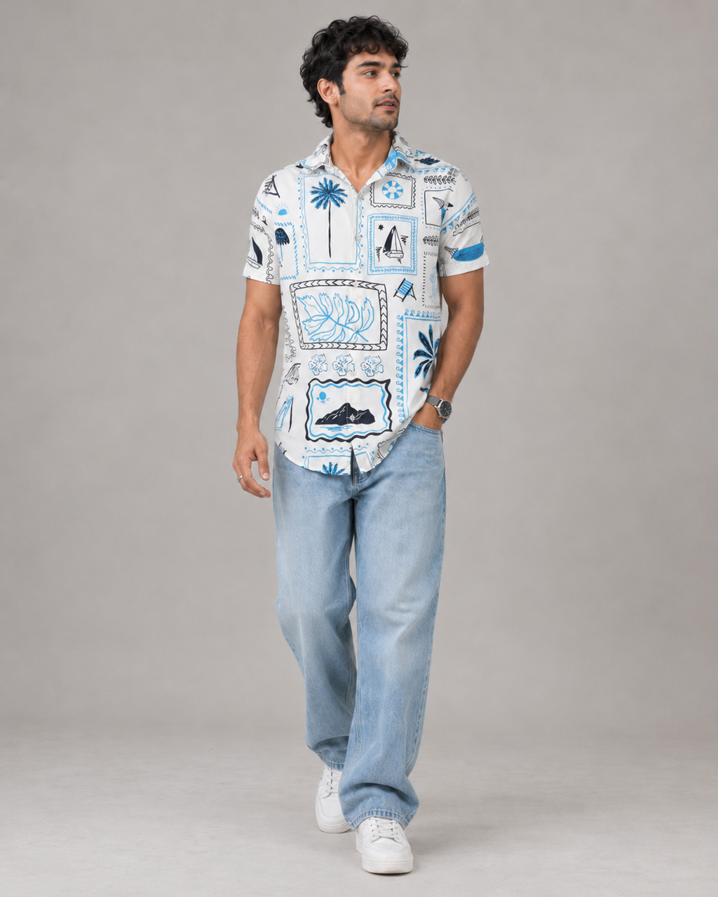 Coastal Postcard Cotton Shirt – Blue