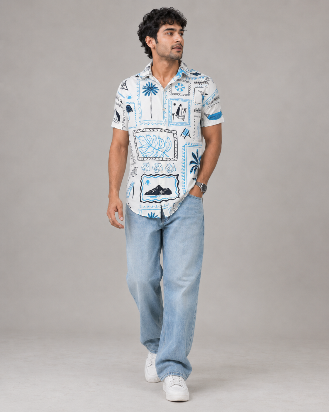 Coastal Postcard Cotton Shirt – Blue