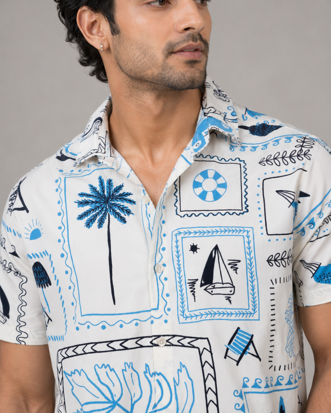 Coastal Postcard Cotton Shirt – Blue