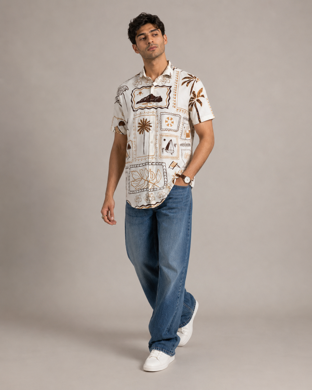 Coastal Postcard Cotton Shirt – Brown