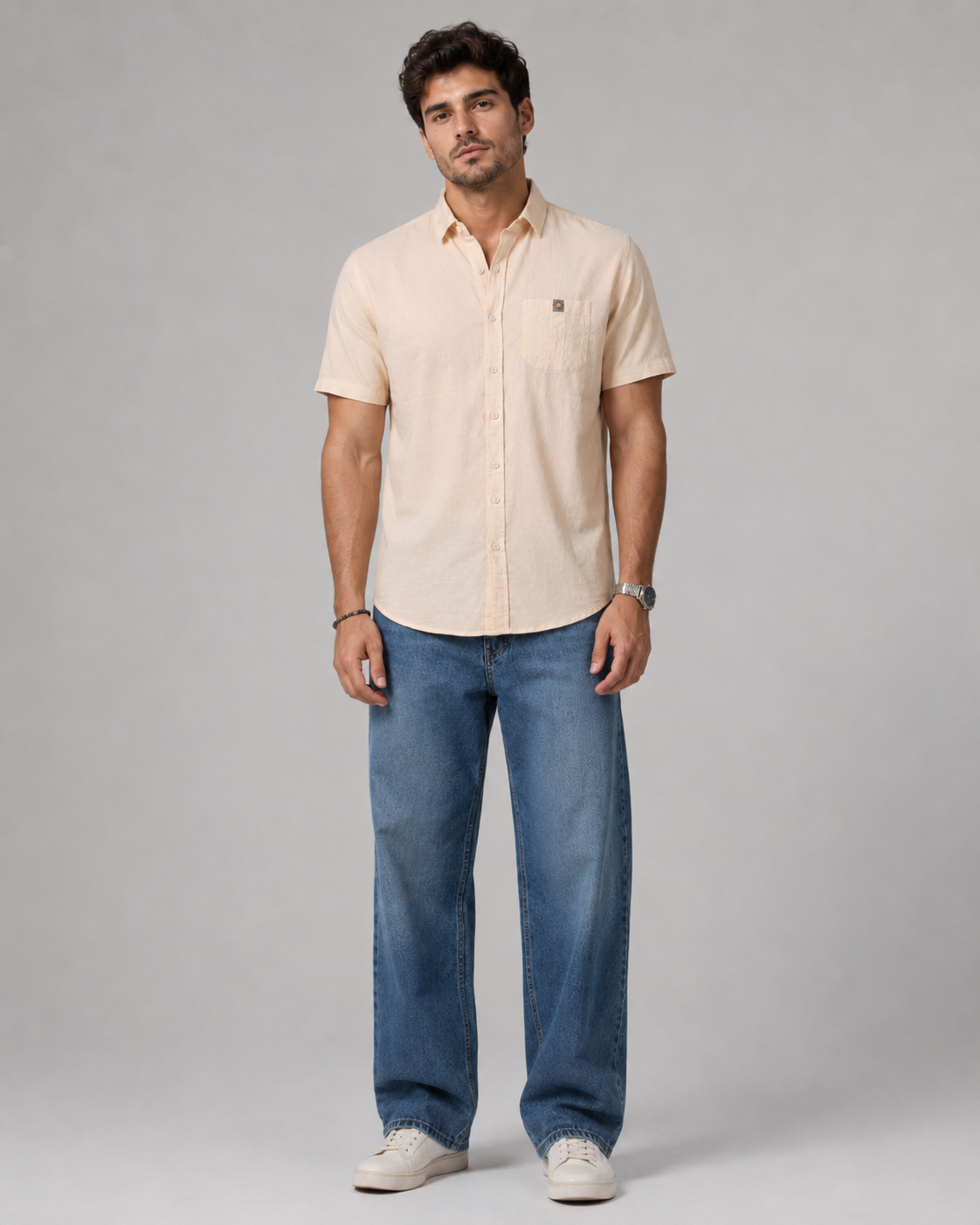Cream Solid Cotton Shirt
