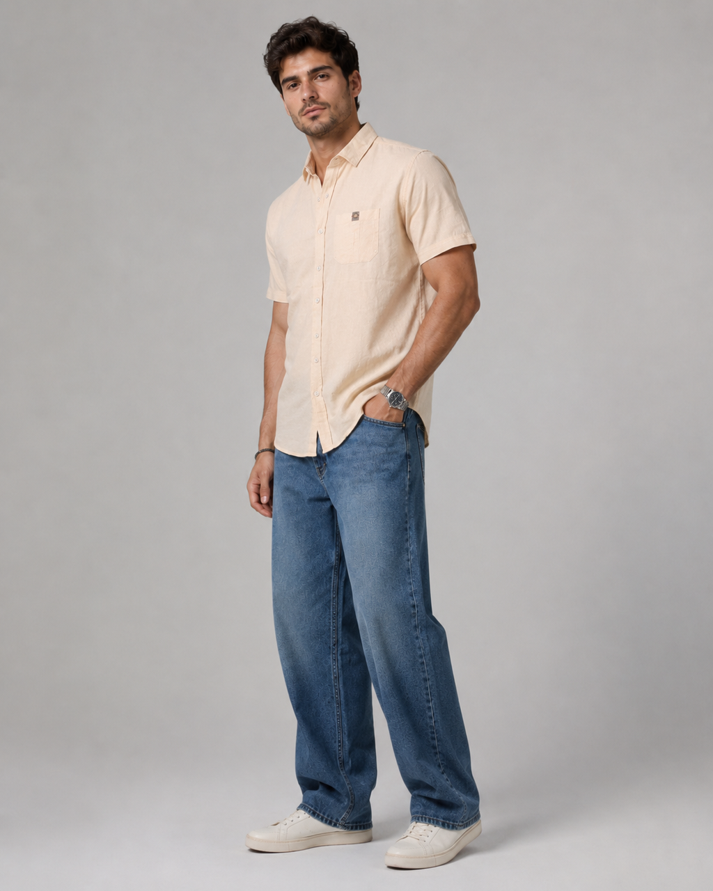 Cream Solid Cotton Shirt