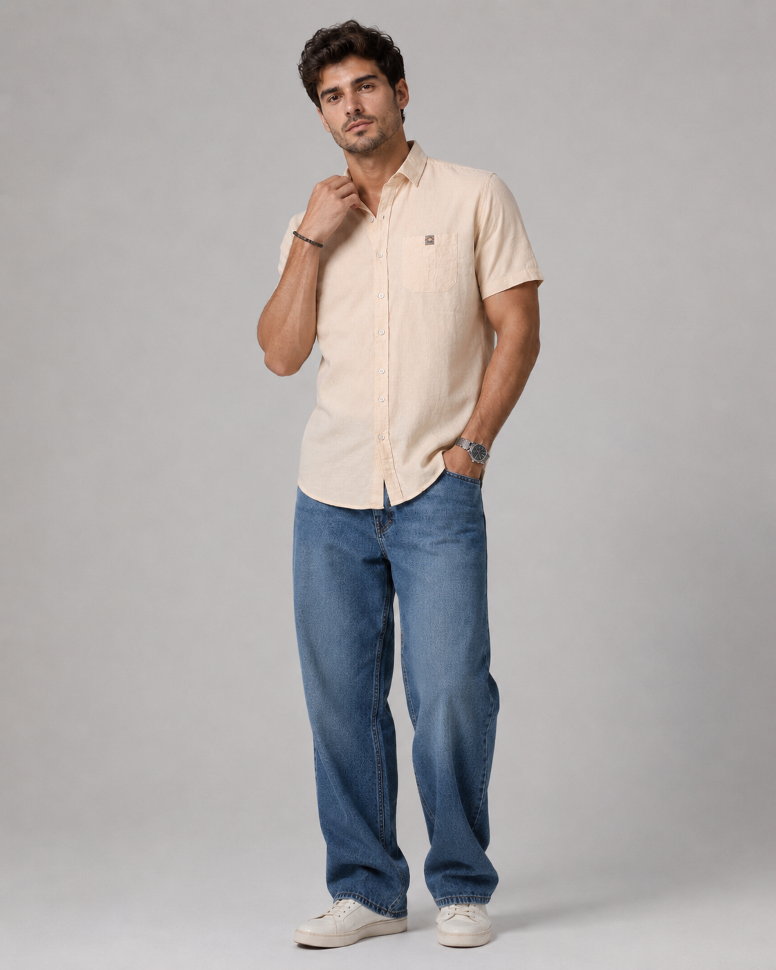 Cream Solid Cotton Shirt