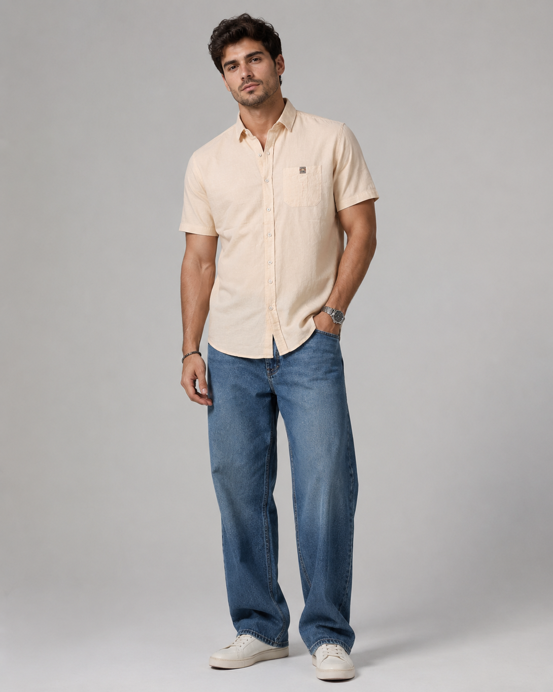 Cream Solid Cotton Shirt