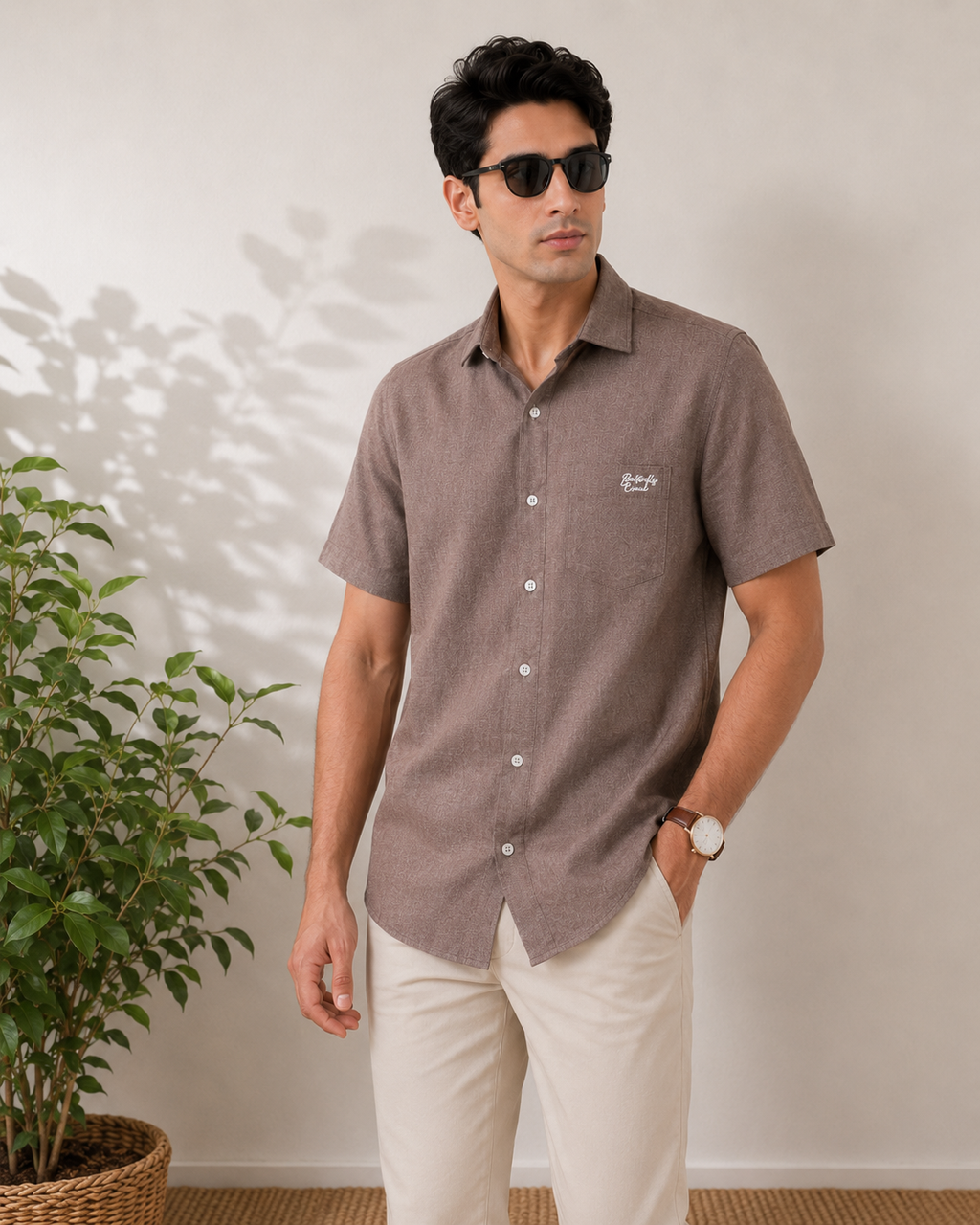 Dark Greige Textured Cotton Shirt