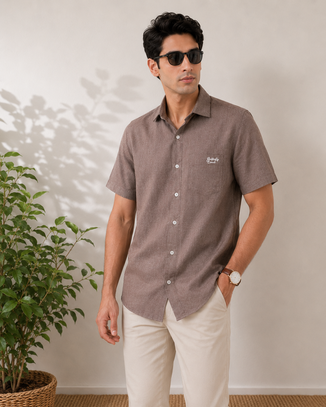 Dark Greige Textured Cotton Shirt