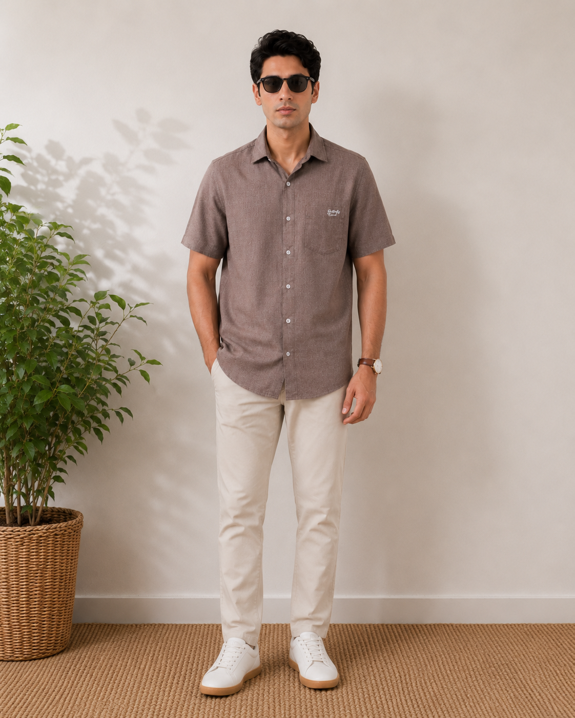 Dark Greige Textured Cotton Shirt