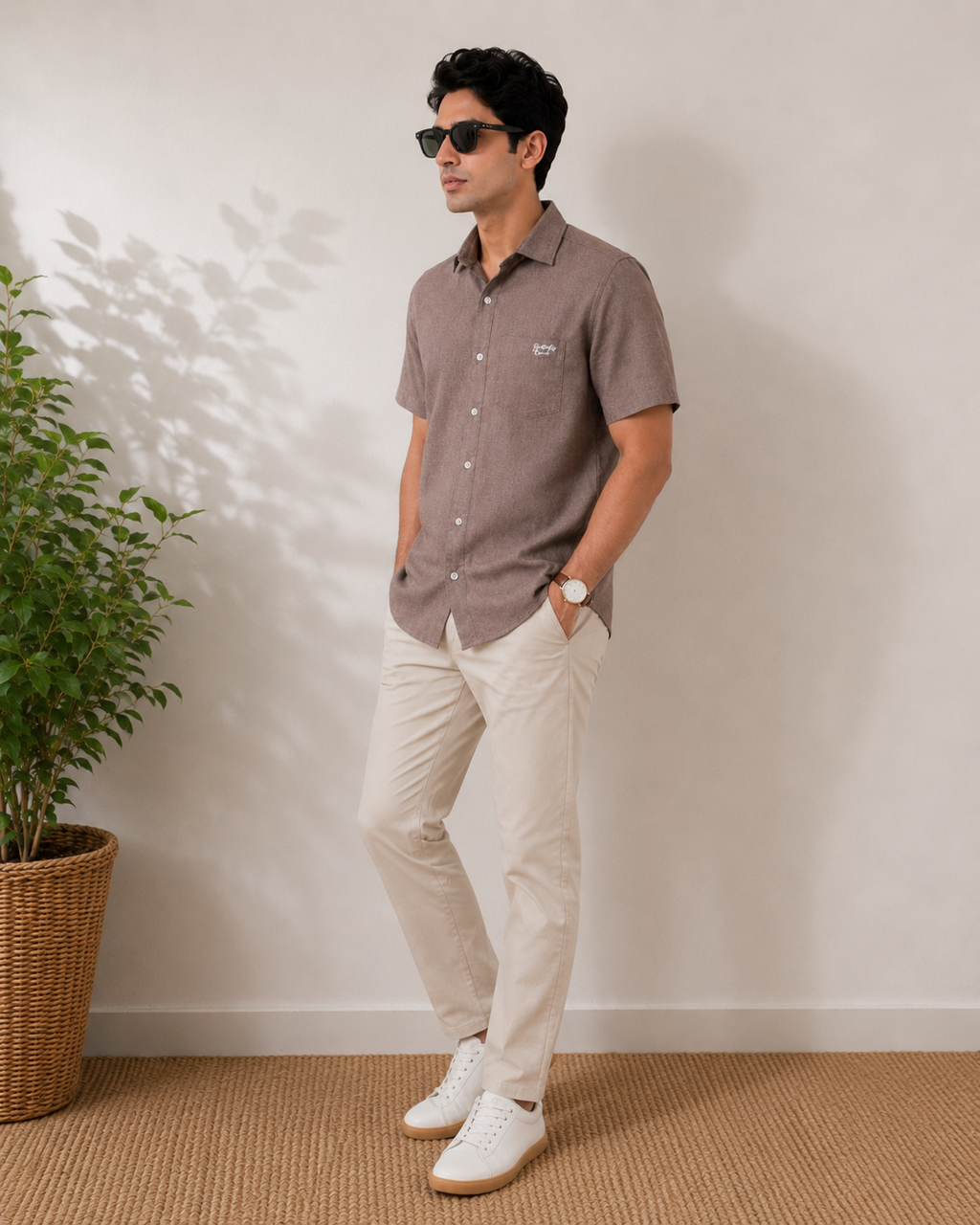 Dark Greige Textured Cotton Shirt