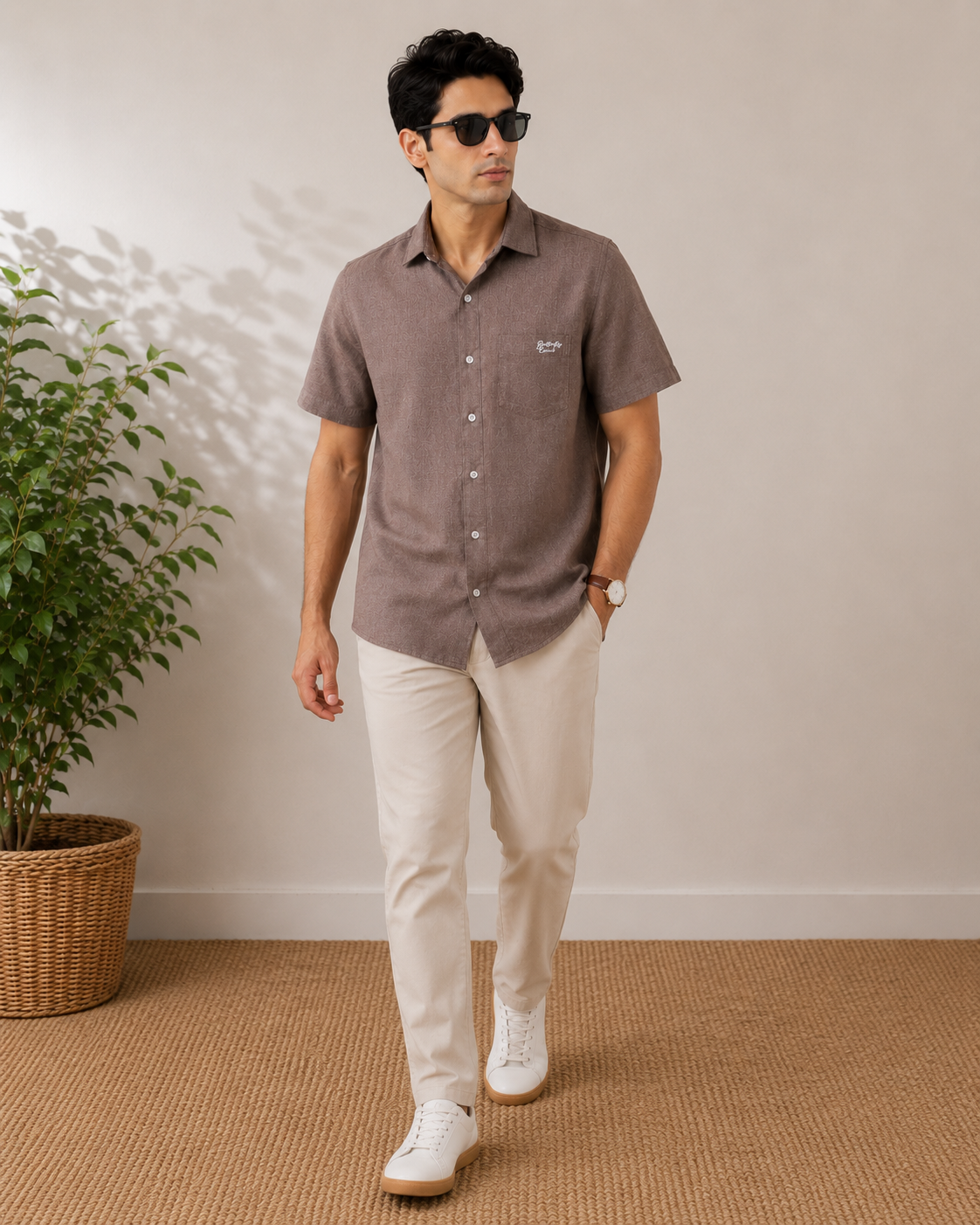 Dark Greige Textured Cotton Shirt