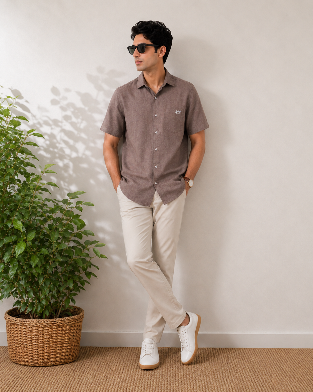Dark Greige Textured Cotton Shirt