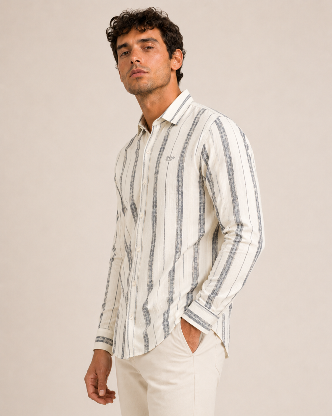 Grey Vertical Stripe Cotton Shirt