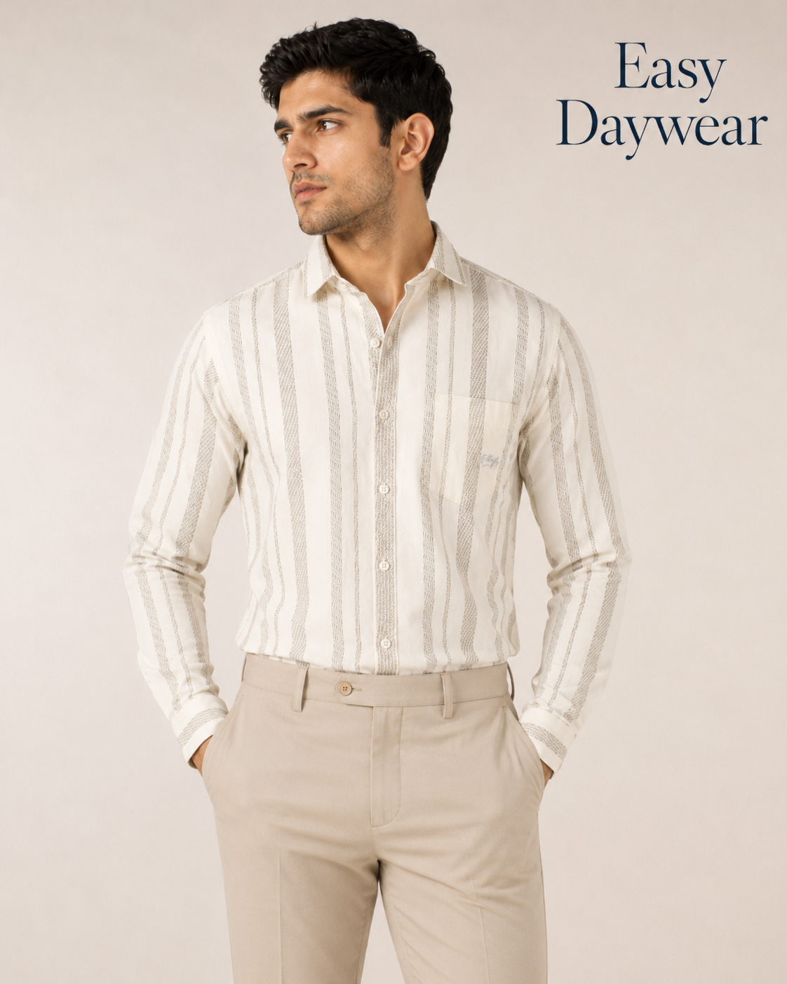 Ivory Beige Stripe Cotton Shirt