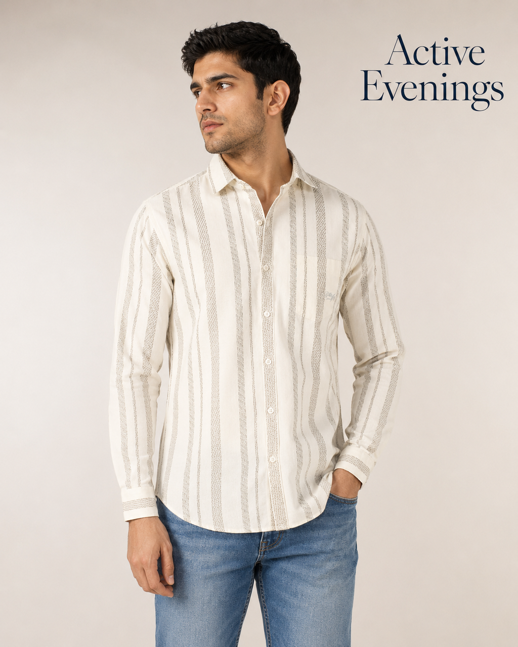 Ivory Beige Stripe Cotton Shirt