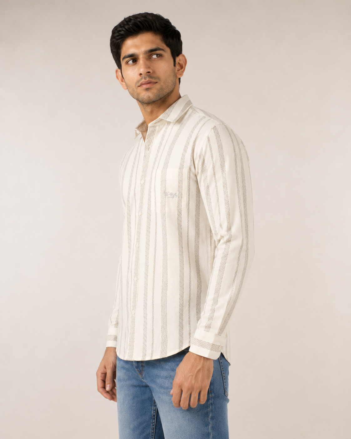 Ivory Beige Stripe Cotton Shirt