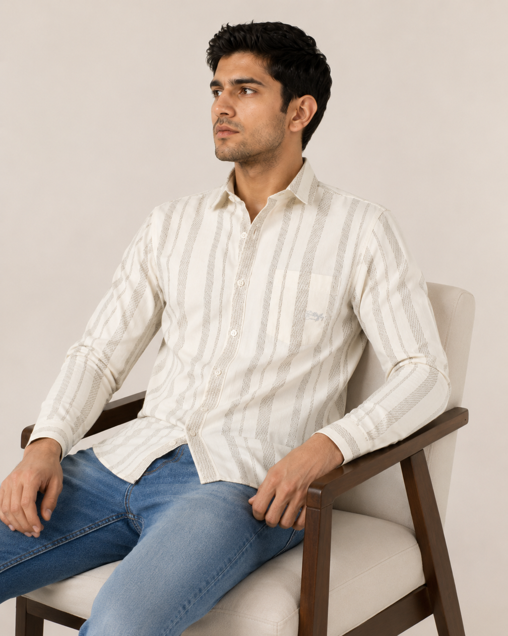Ivory Beige Stripe Cotton Shirt