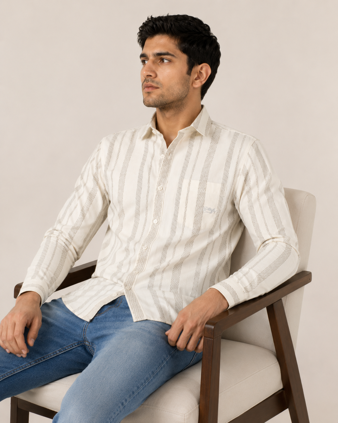 Ivory Beige Stripe Cotton Shirt