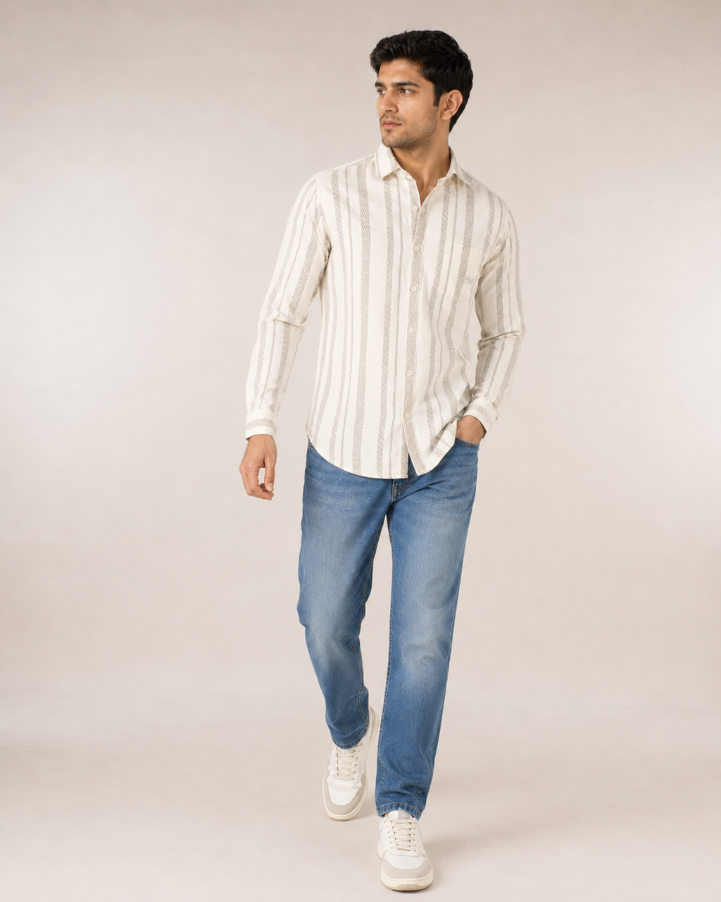 Ivory Beige Stripe Cotton Shirt
