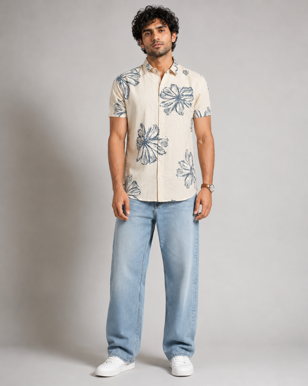 Ivory Blue Bloom Cotton Shirt