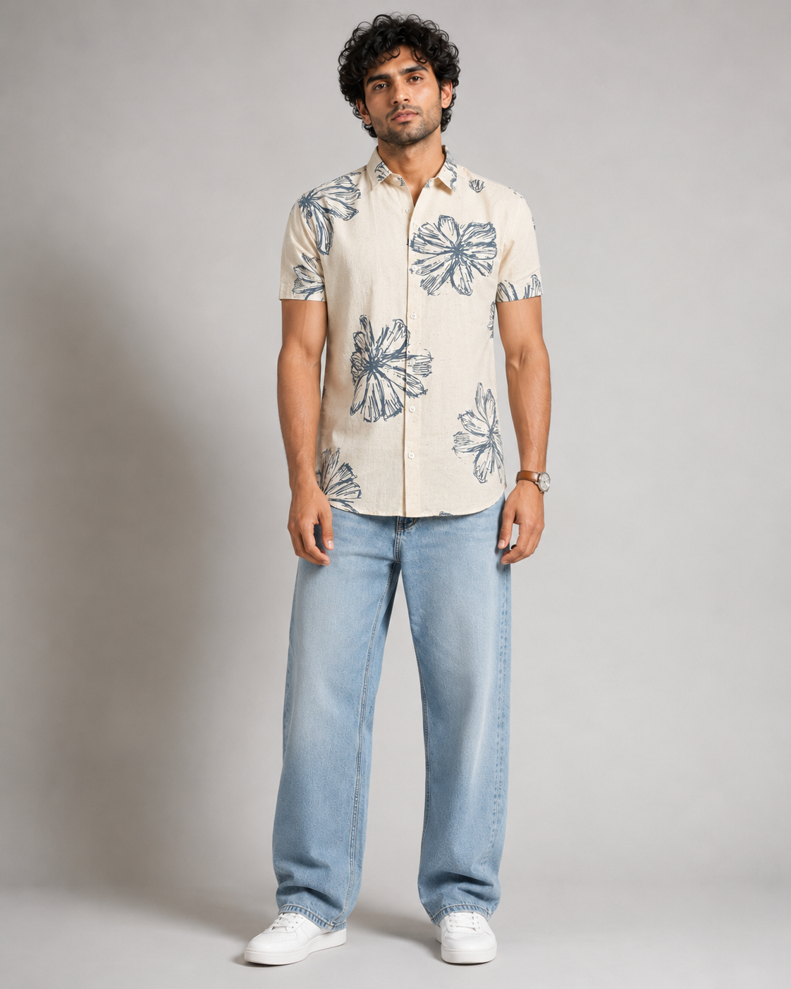 Ivory Blue Bloom Cotton Shirt