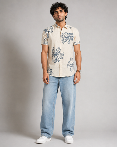 Ivory Blue Bloom Cotton Shirt