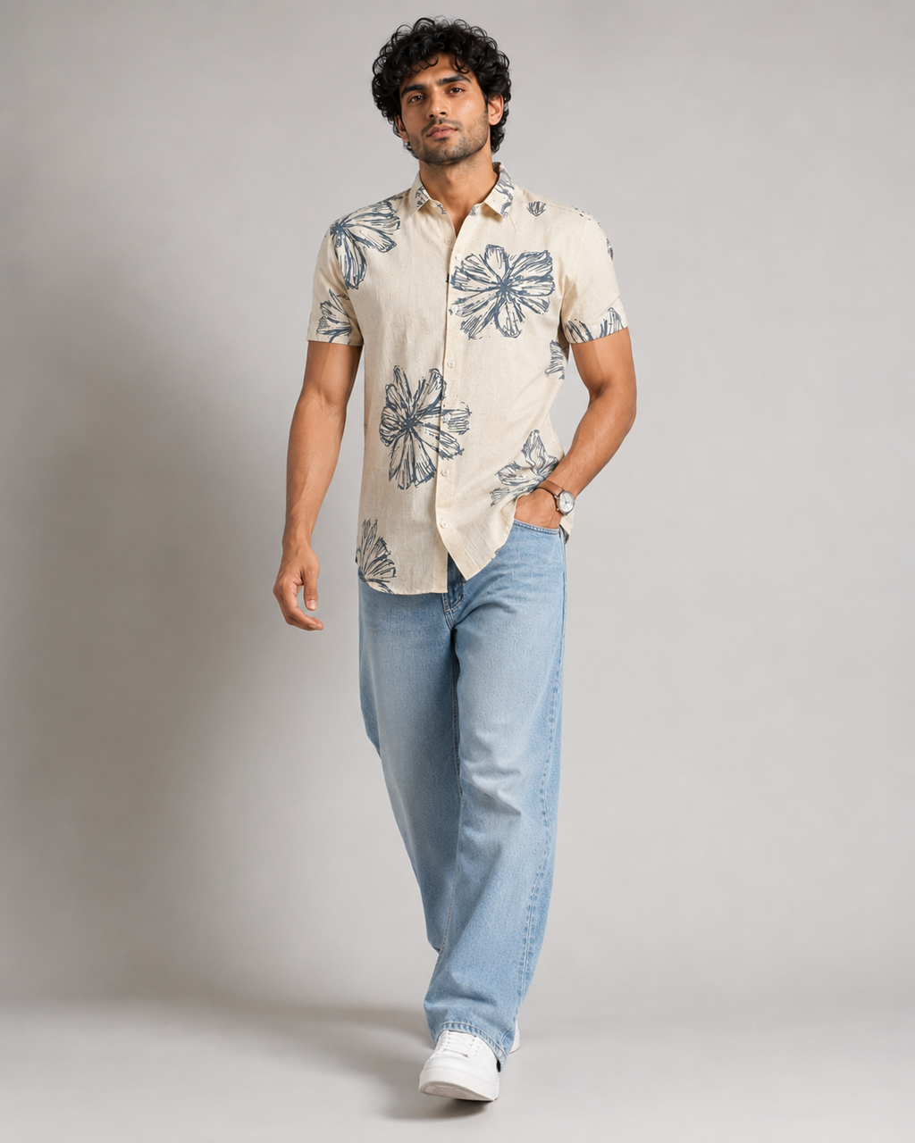 Ivory Blue Bloom Cotton Shirt