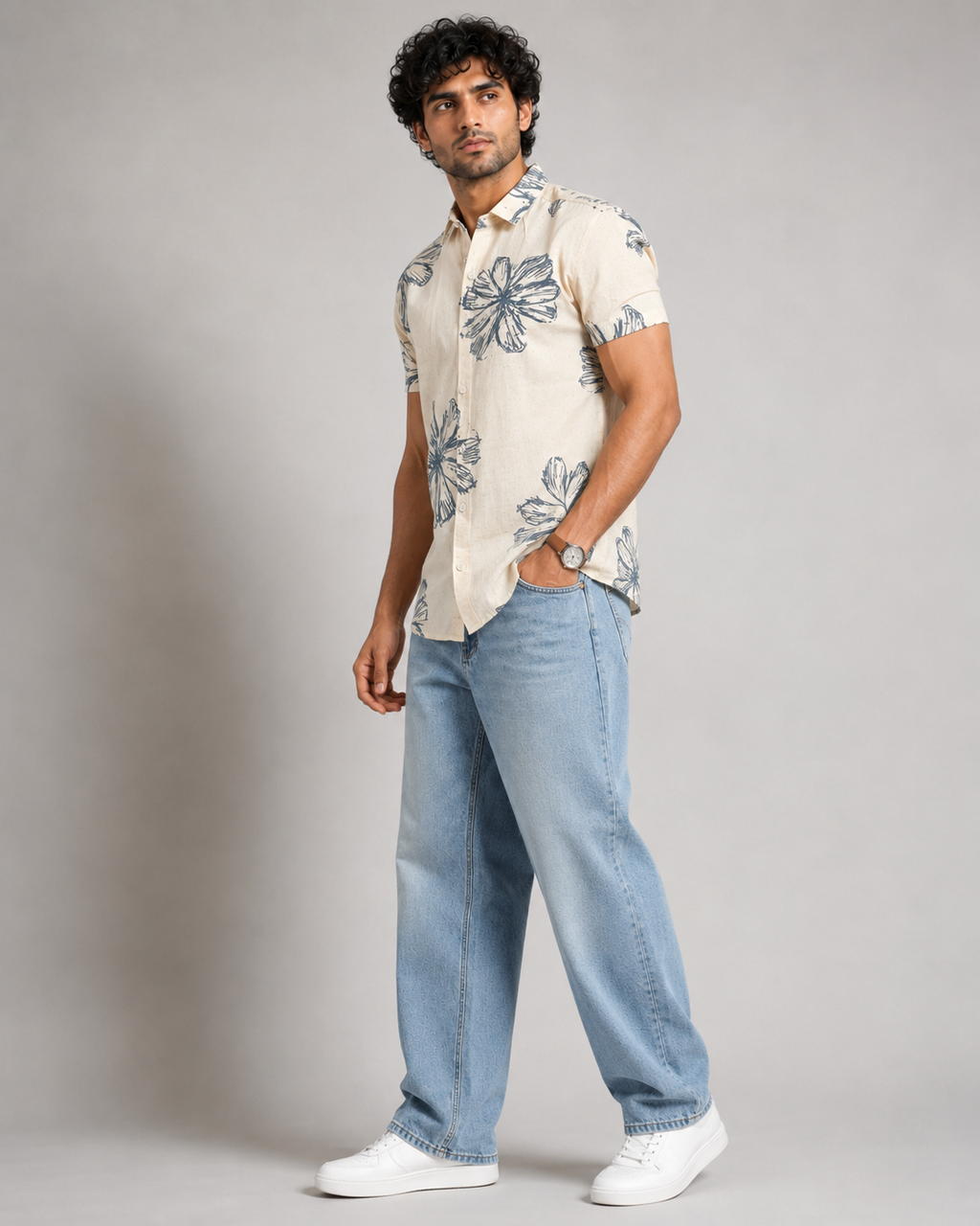 Ivory Blue Bloom Cotton Shirt
