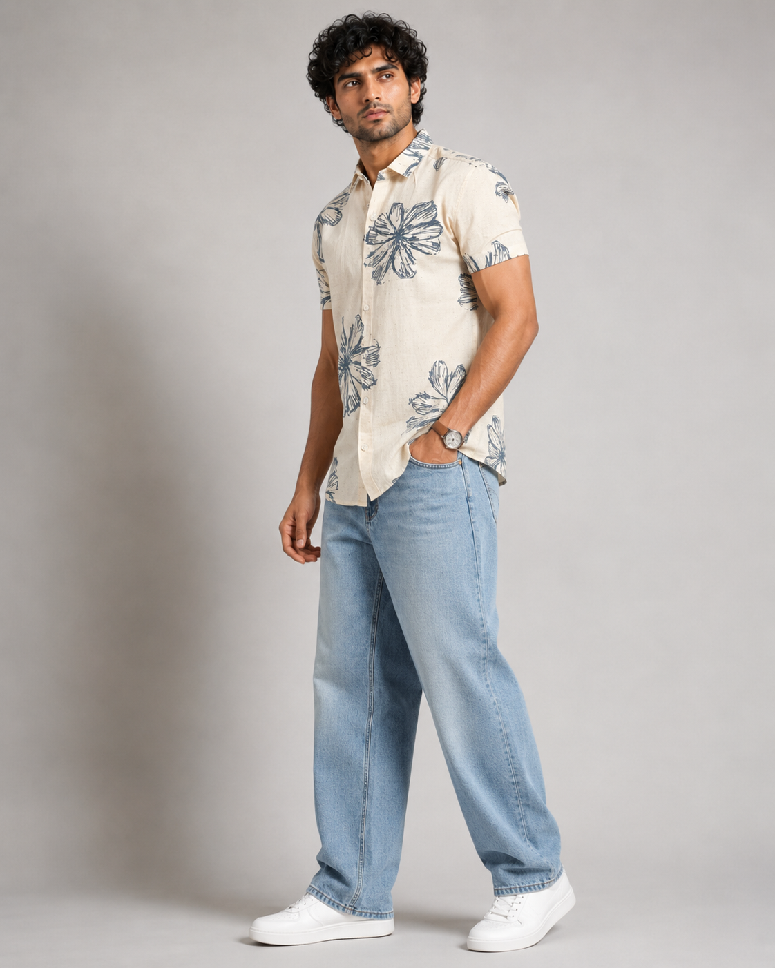 Ivory Blue Bloom Cotton Shirt