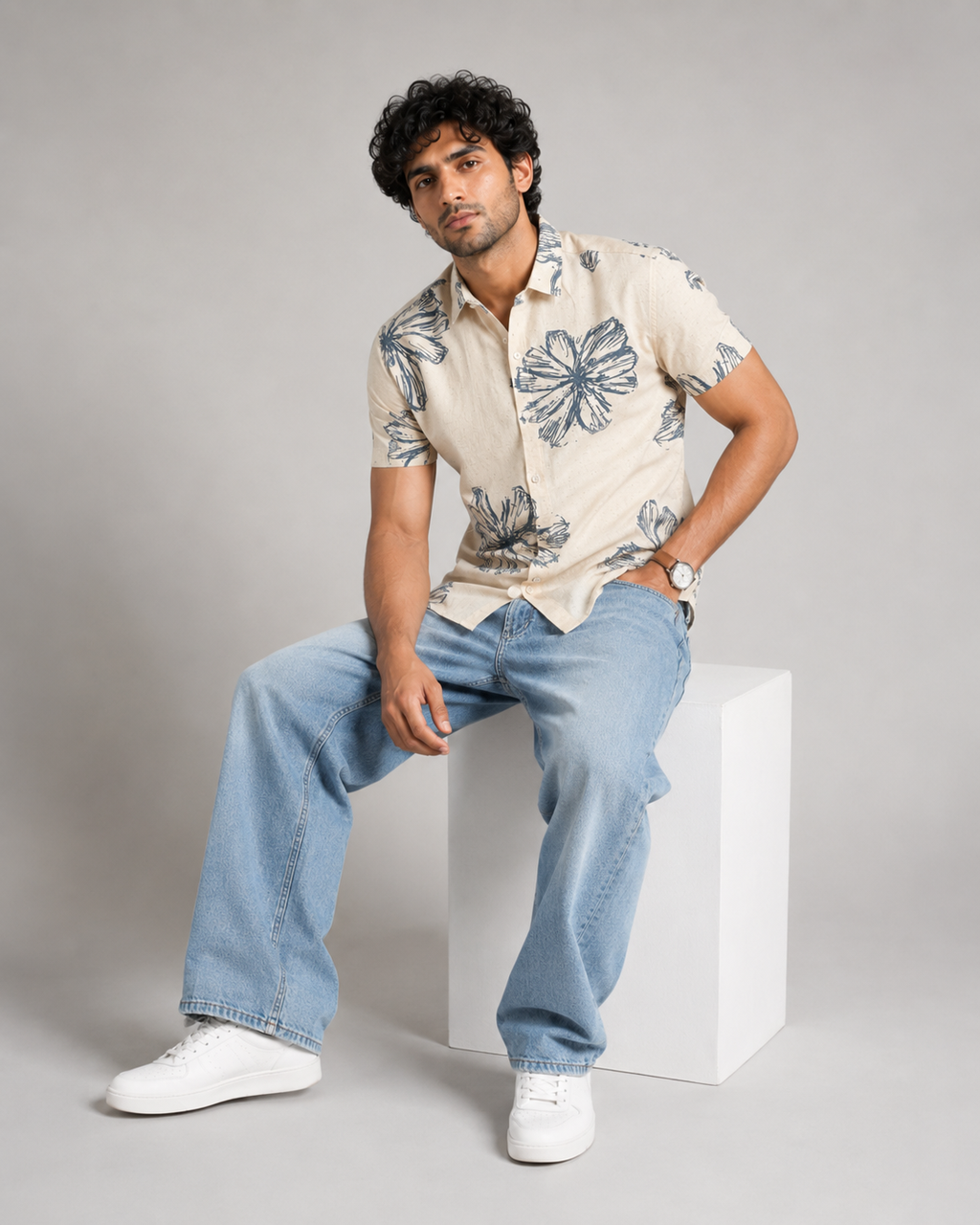 Ivory Blue Bloom Cotton Shirt