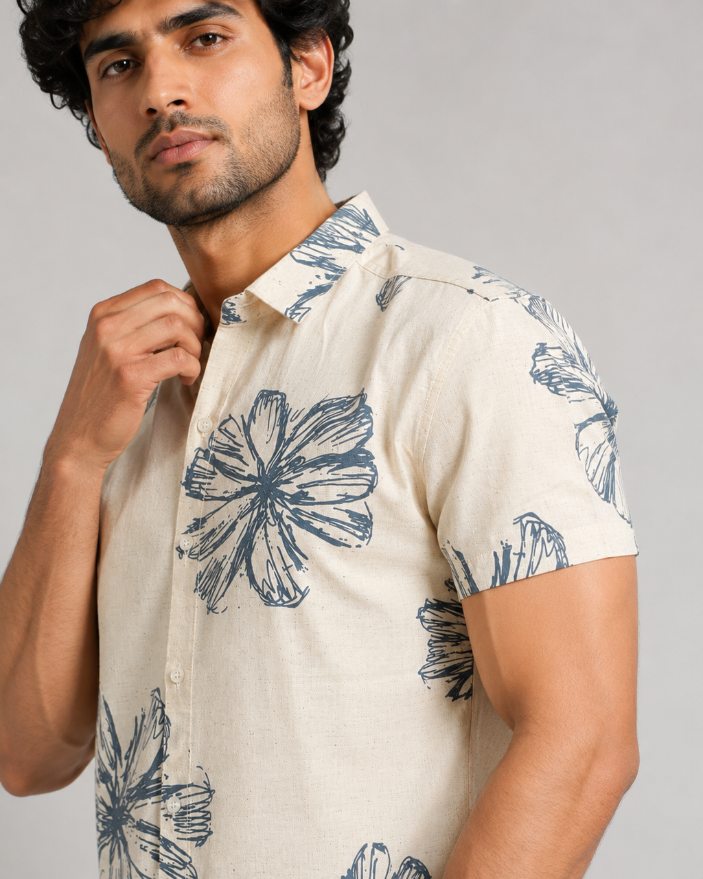 Ivory Blue Bloom Cotton Shirt