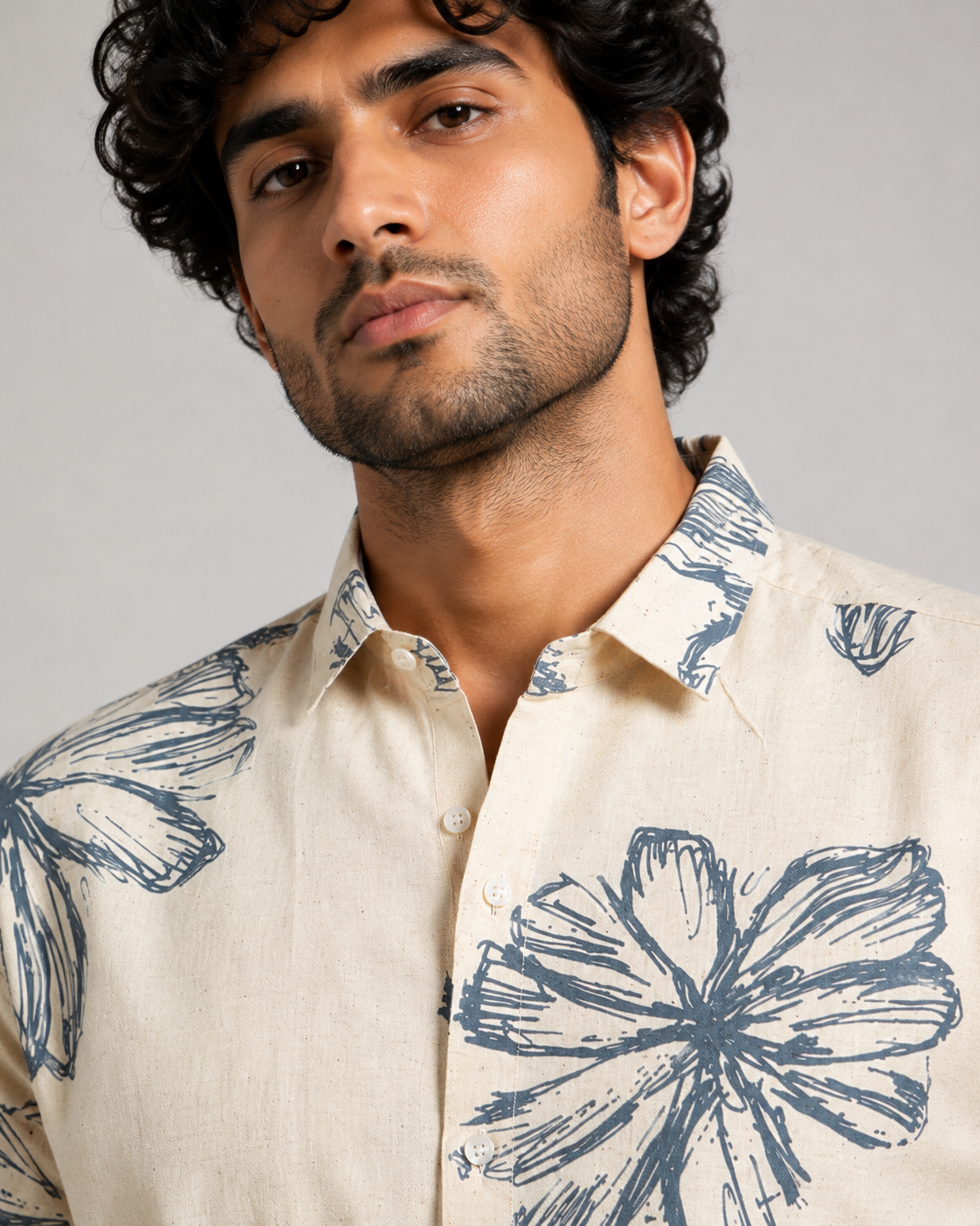 Ivory Blue Bloom Cotton Shirt