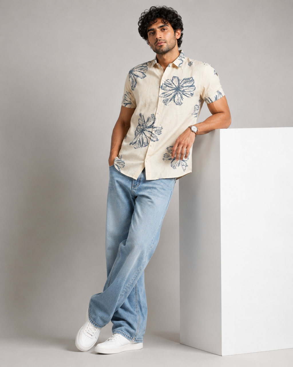 Ivory Blue Bloom Cotton Shirt