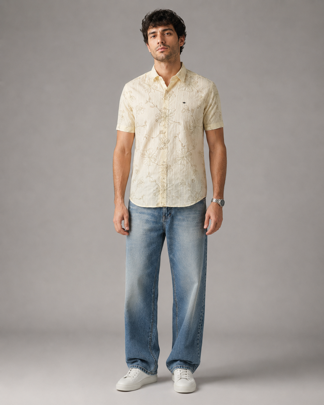 Ivory Floral Embroidered Cotton Shirt
