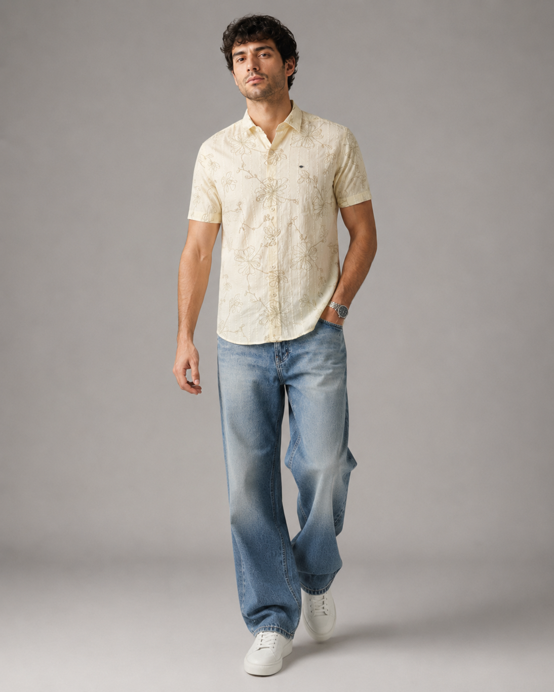 Ivory Floral Embroidered Cotton Shirt