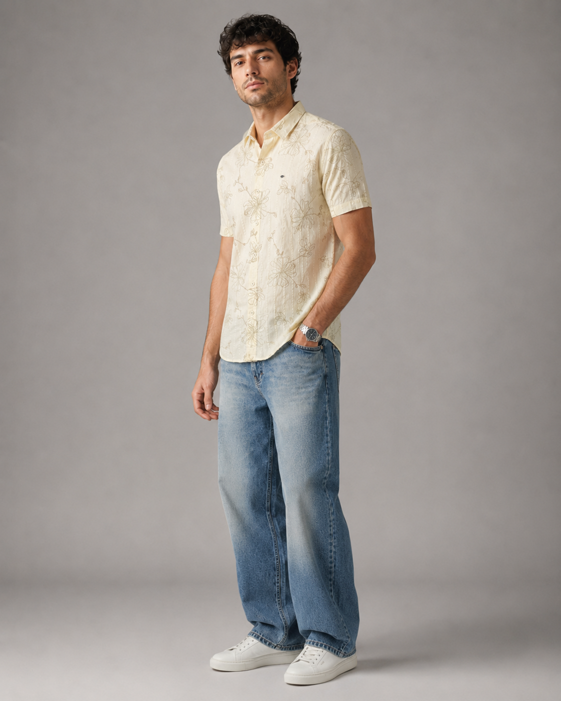 Ivory Floral Embroidered Cotton Shirt