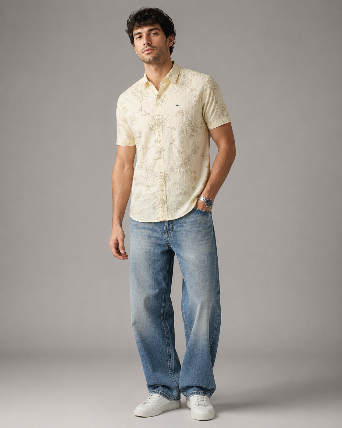 Ivory Floral Embroidered Cotton Shirt