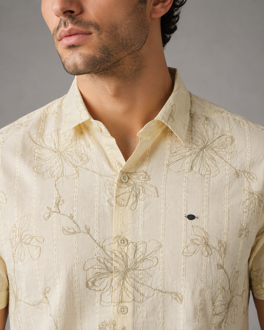 Ivory Floral Embroidered Cotton Shirt