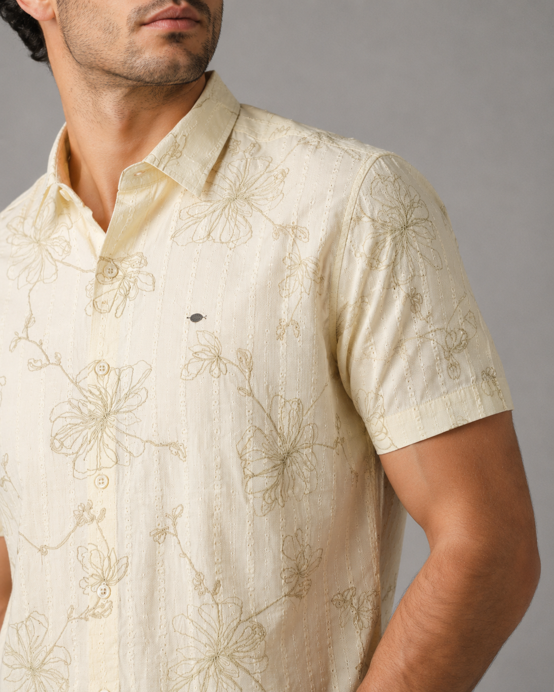 Ivory Floral Embroidered Cotton Shirt