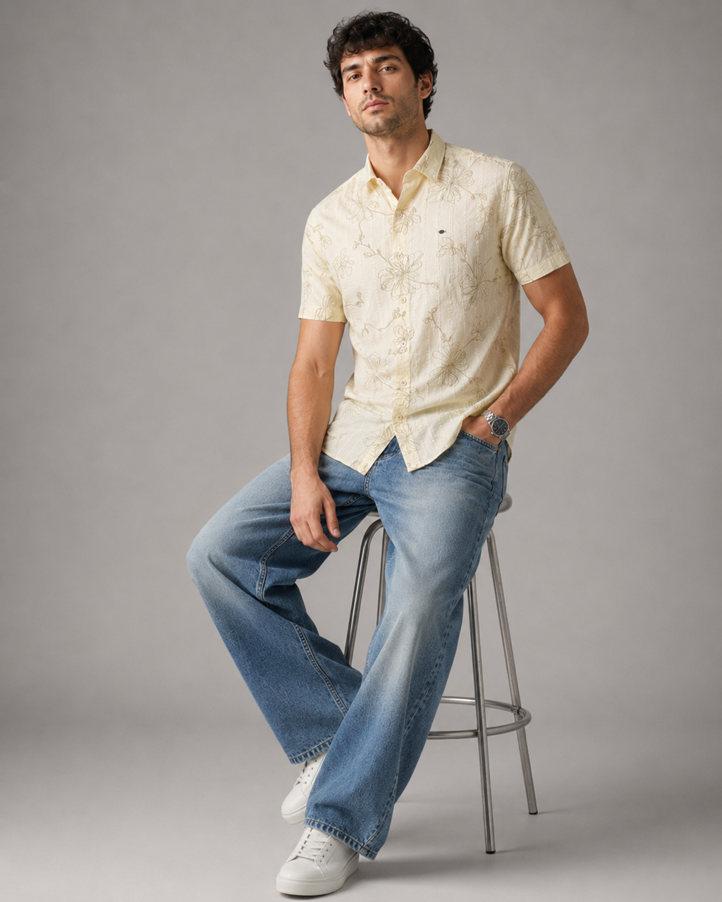 Ivory Floral Embroidered Cotton Shirt
