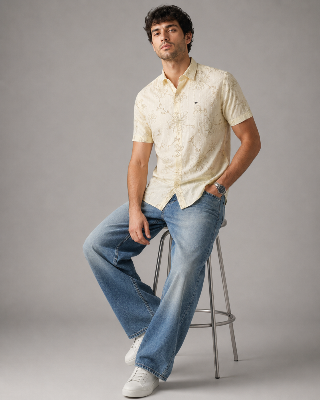 Ivory Floral Embroidered Cotton Shirt
