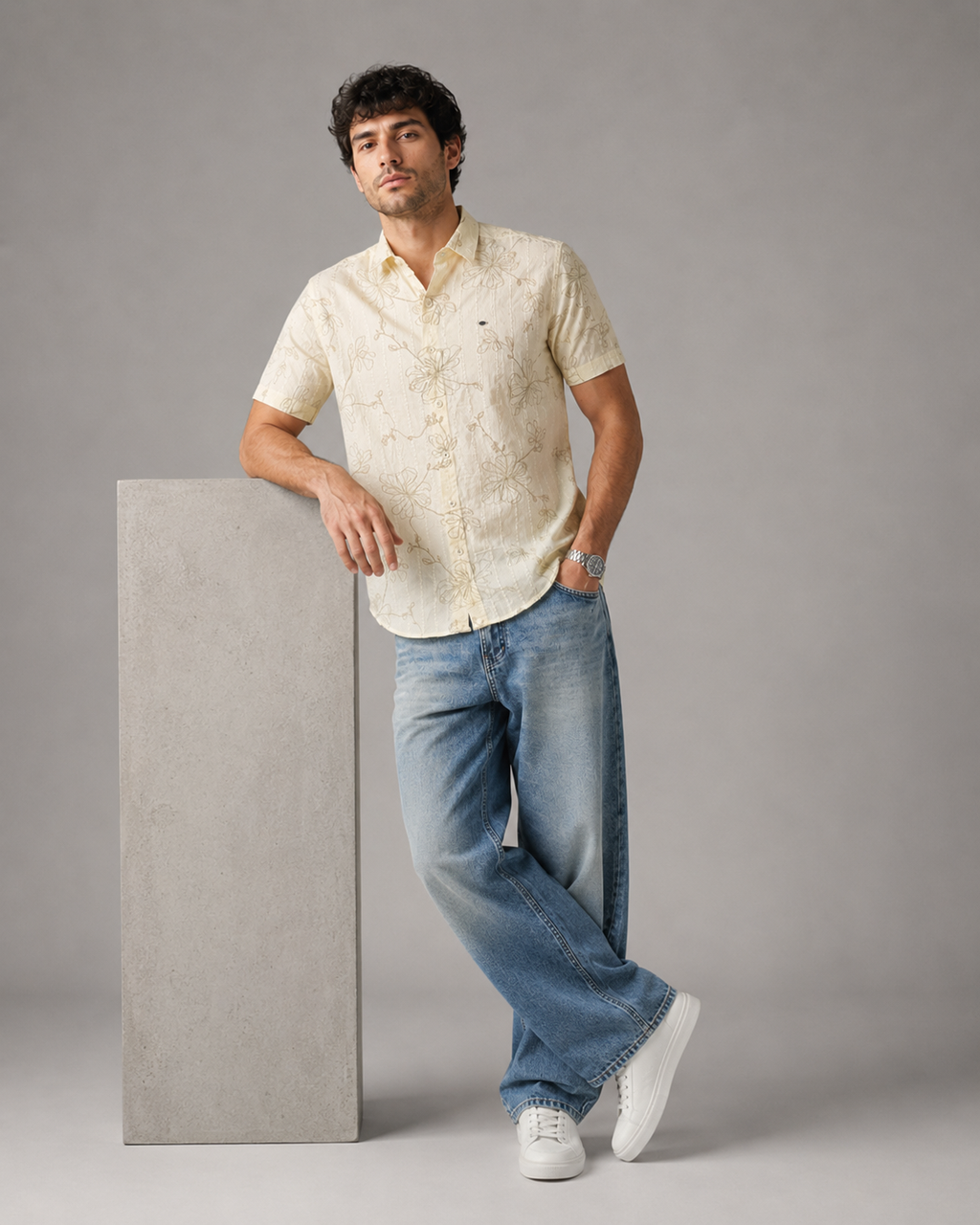 Ivory Floral Embroidered Cotton Shirt