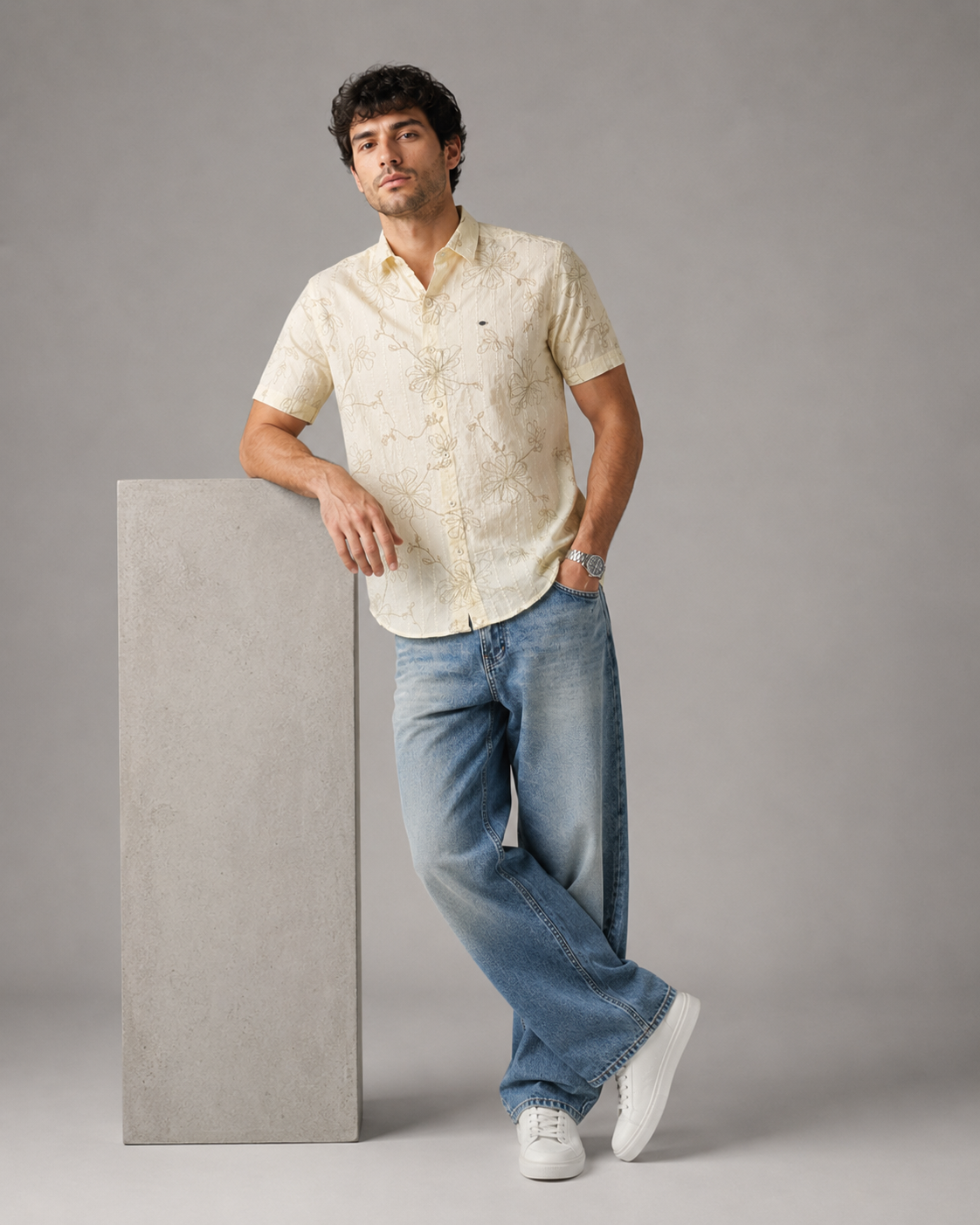 Ivory Floral Embroidered Cotton Shirt