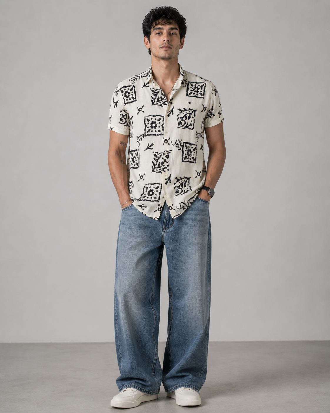 Ivory Tile Print Cotton Shirt