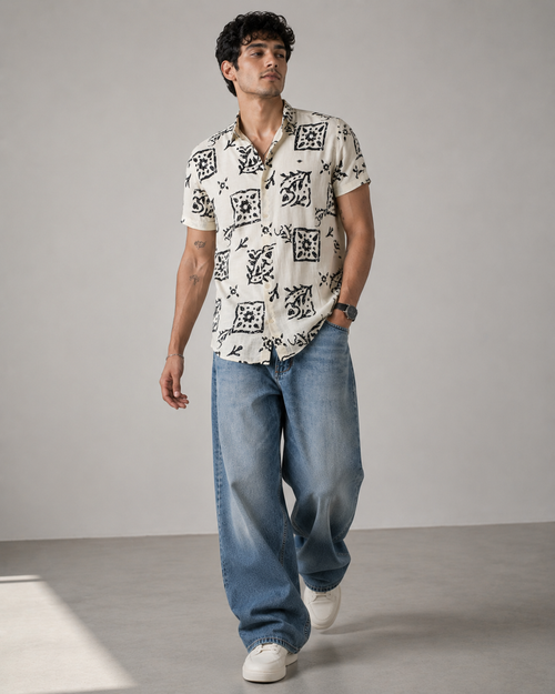 Ivory Tile Print Cotton Shirt