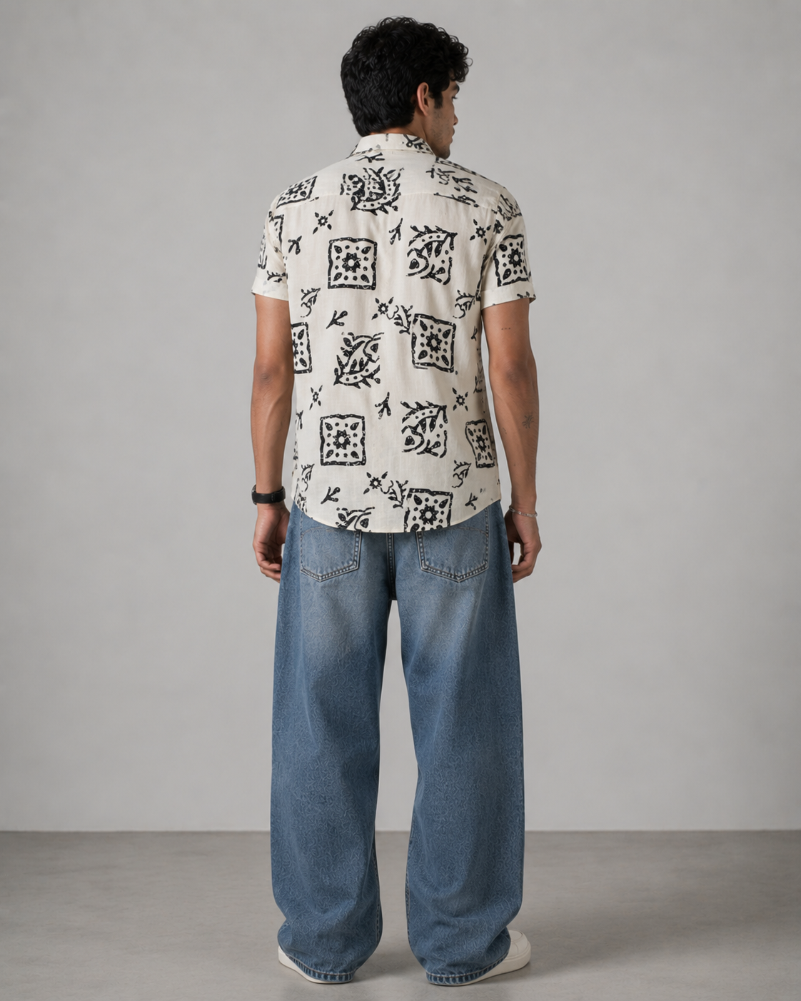Ivory Tile Print Cotton Shirt